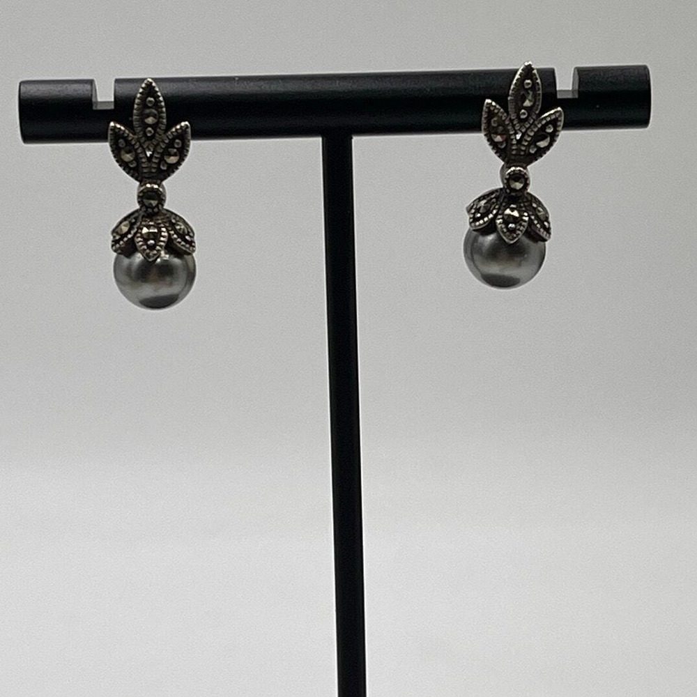 FAS Sterling Silver 925 Marcesite Gray Pearl Drop Dangle Earrings 3.6 grams
